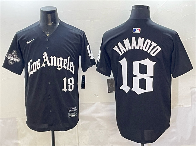 Men's Black Los Angeles Dodgers #18 Yoshinobu Yamamoto LA Gothic Style With 2025 World Series Champions Patch Limited Stitched Baseball Jersey